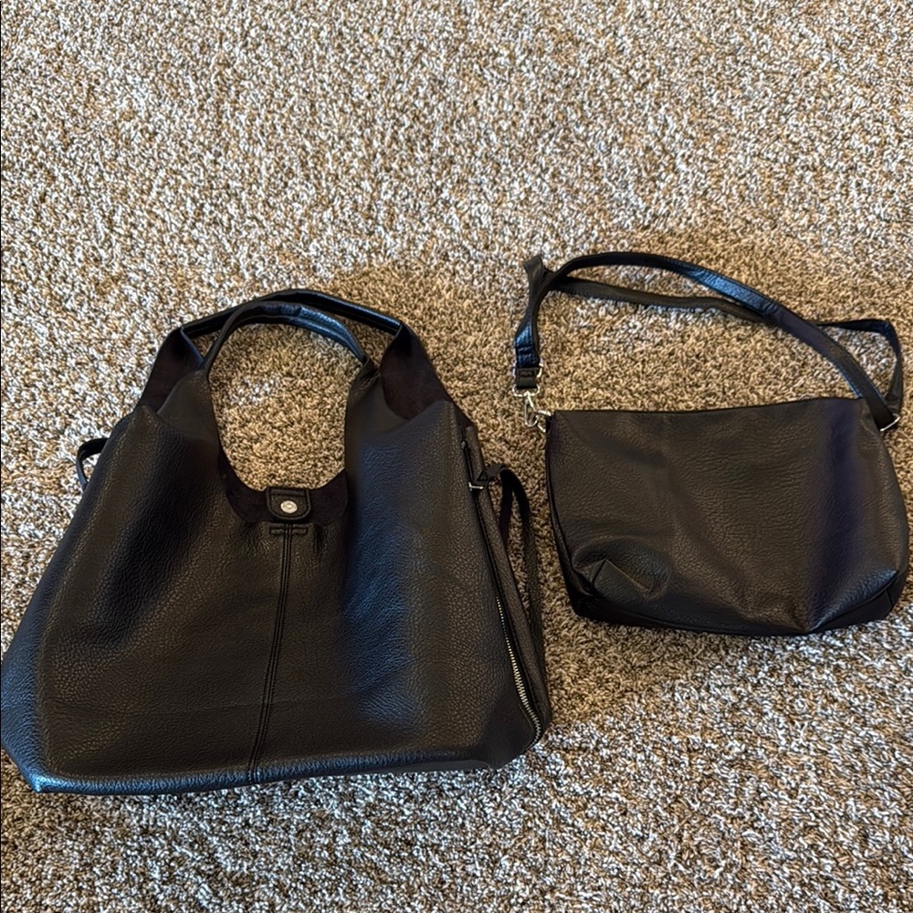 Elegant Black Leather Tote and Crossbody Set